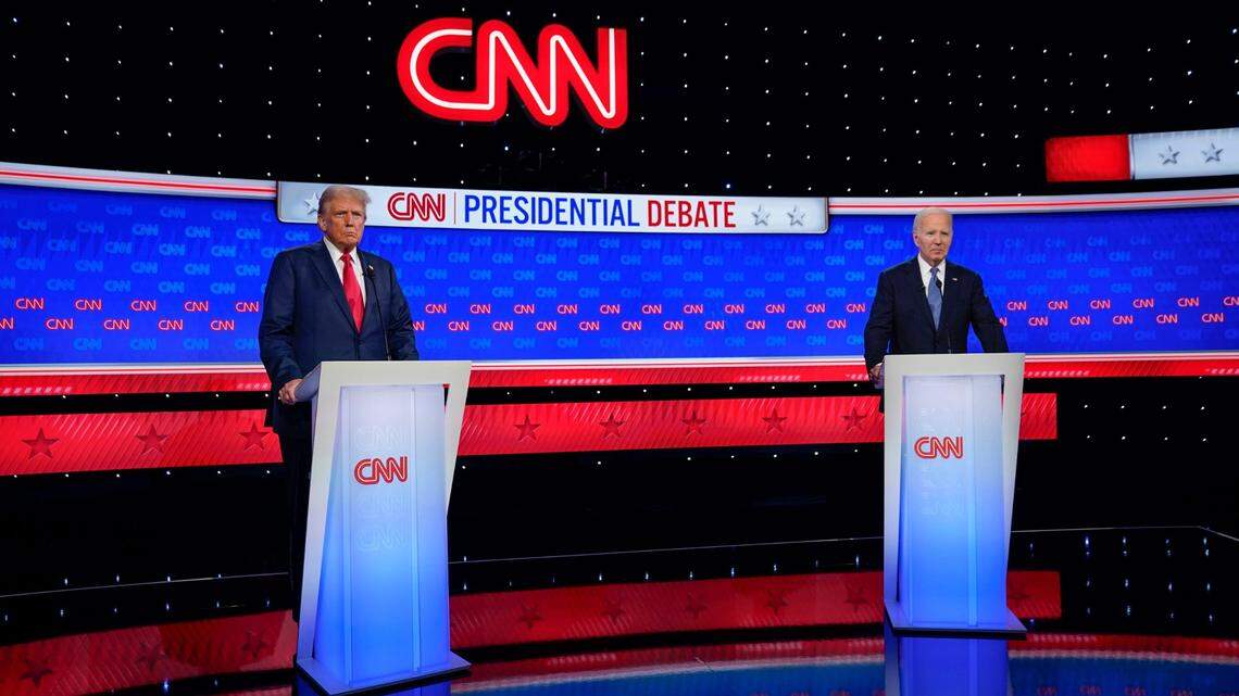 President Joe Biden and former President Donald Trump during the debate at CNN's studios in Atlanta on June 27, 2024. CNN Anchors Jake Tapper and Dana Bash are moderators of the debate.