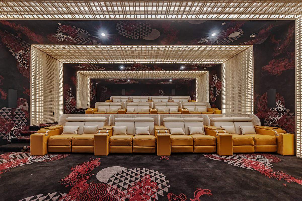 The estate’s private theater is equipped with a 235-inch LED screen, Dolby Atmos sound and bespoke Italian leather seating for an immersive viewing experience.