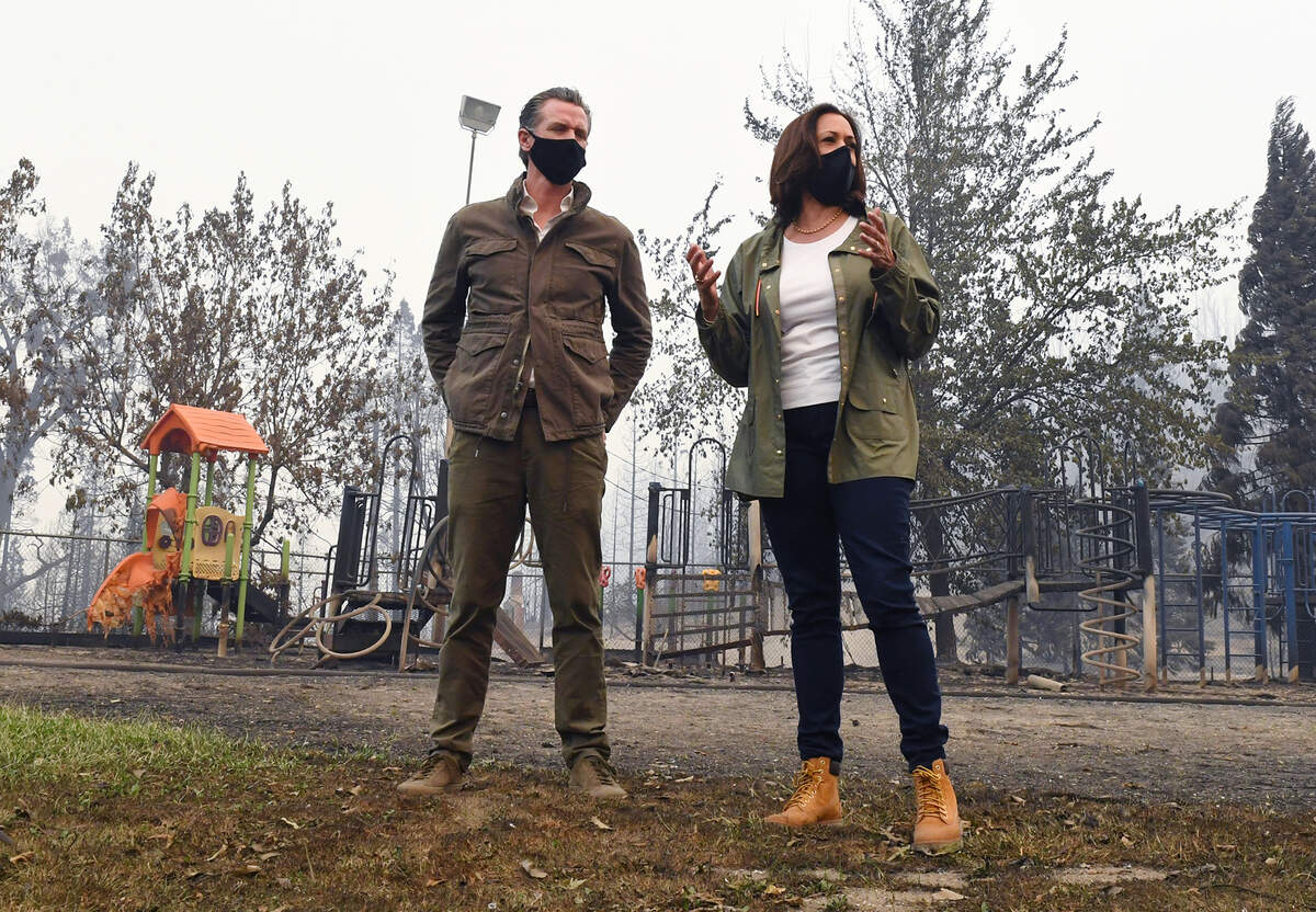21. Sen. Kamala Harris – the Democratic vice presidential nominee – speaks with Gov. Gavin Newsom on Tuesday, Sept. 15, 2020, in front of melted playground equipment at Pine Ridge Elementary School, burned by the Creek Fire, in the eastern Fresno County community of Auberry.