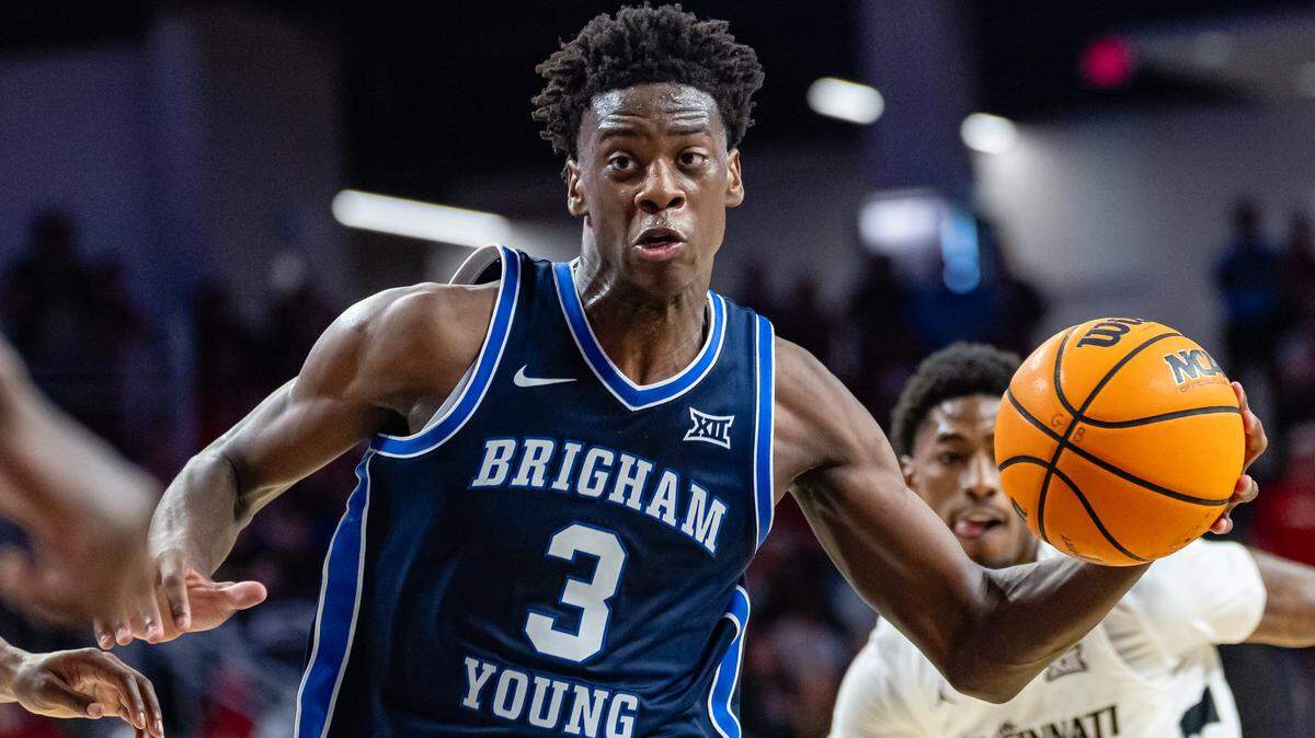 CINCINNATI, OHIO - MARCH 3: AJ Dybantsa #3 of the BYU Cougars drives to the basket during the second half against the Cincinnati Bearcats at Fifth Third Arena on March 3, 2026 in Cincinnati, Ohio. (Photo by Michael Hickey/Getty Images)