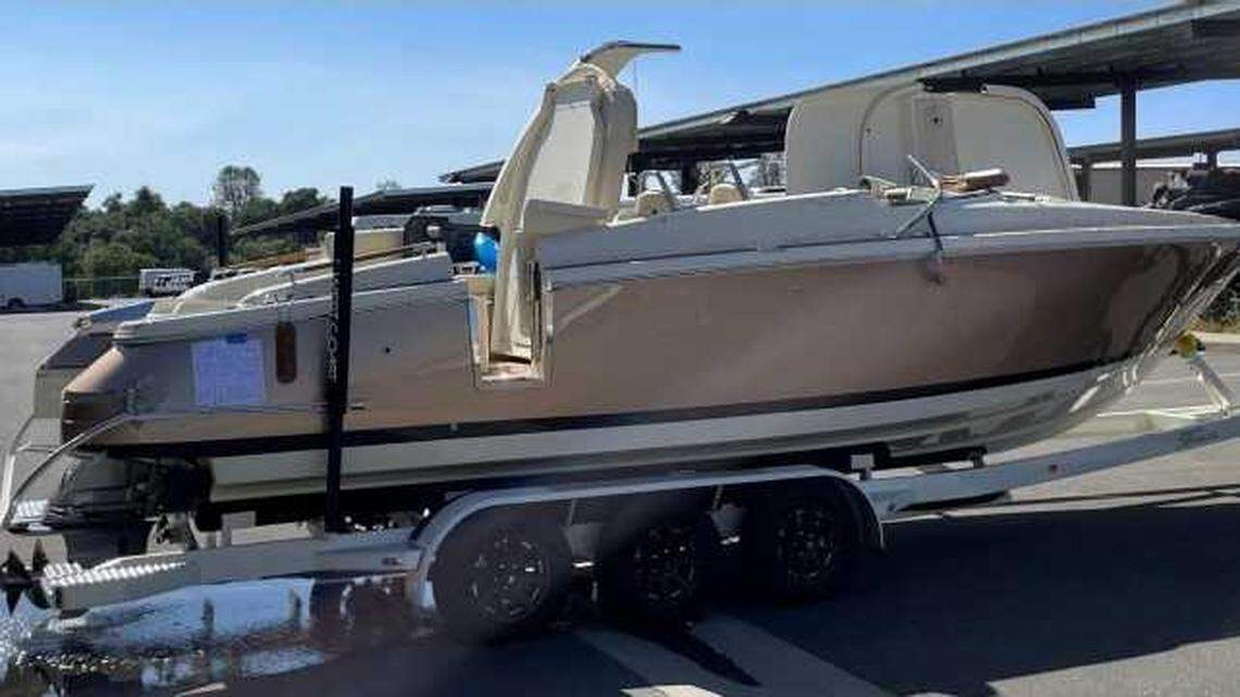The Chris-Craft Launch-28 GT that capsized June 21 near D.L. Bliss State Park is shown after its recovery from Lake Tahoe. Eight of the boat’s 10 passengers died.
