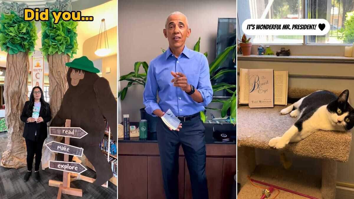 In a series of images taken from the Woodland Public Library’s TikTok post, former President Barack Obama and library staff, including Henrietta the library cat, encourage residents to check out the library.