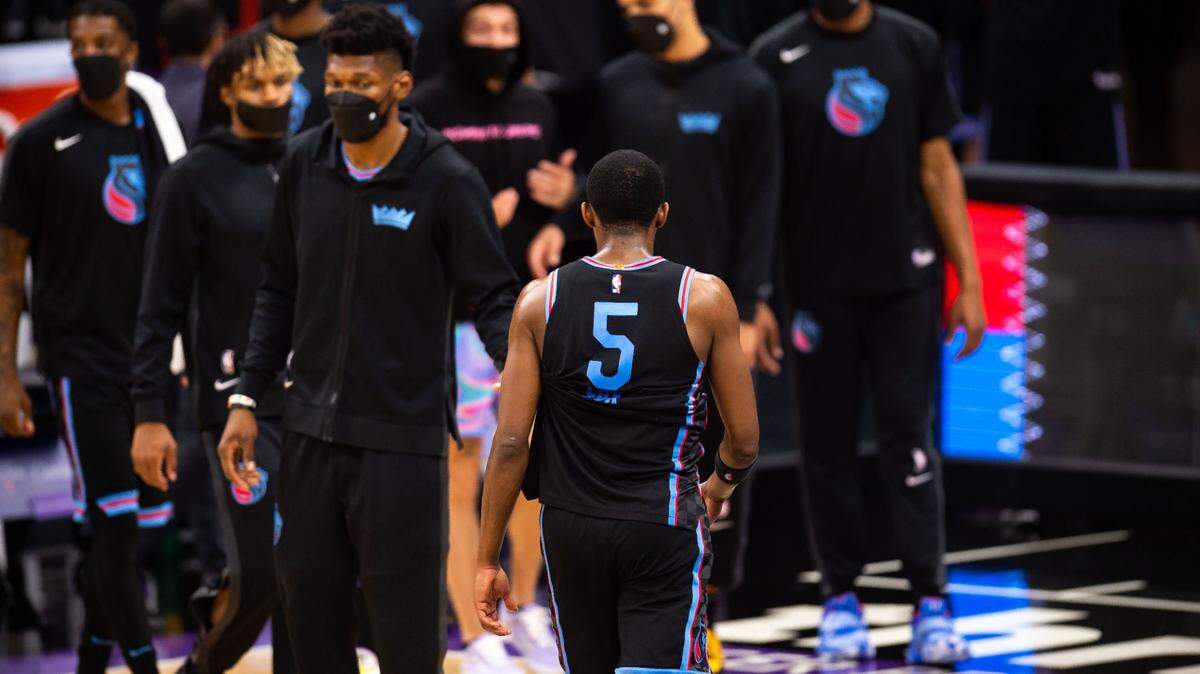 Sacramento Kings guard De’Aaron Fox (5) walks off the court at the end of the Kings’s 123-111 loss to the Washington Wizards at the NBA game Wednesday, April 14, 2021, at Golden 1 Center in downtown Sacramento.