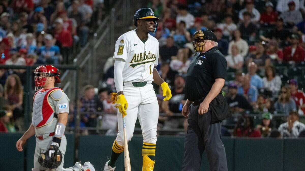 Athletics outfielder Denzel Clarke after striking out in the sixth inning during a game against the Philadelphia Phillies at Sutter Health Park on Friday in West Sacramento.