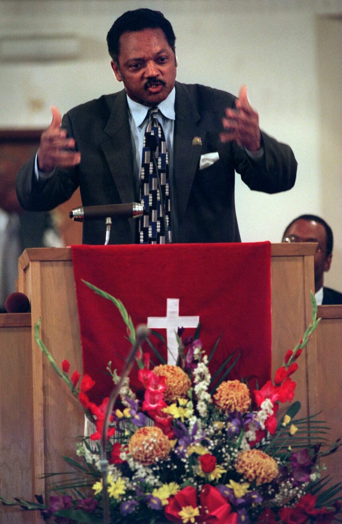 Reverend Jesse Jackson speaks to the congregation at Shiloh Baptist Church in Sacramento on Aug. 24, 1997.  Jackson urged the church members to join a march in San Francisco to commemorate Dr. Martin Luther King Jr.'s march on Washington and to protest Proposition 209.