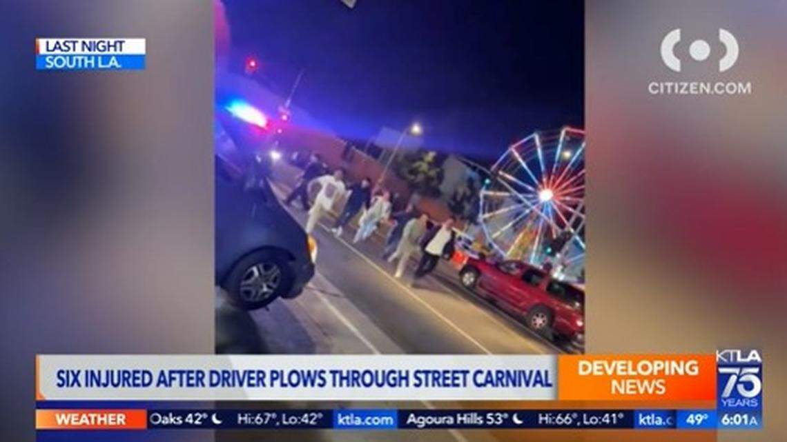 Six people were hurt after an SUV slammed through a Los Angeles street carnival Saturday, Nov. 12, before fleeing, California police say.