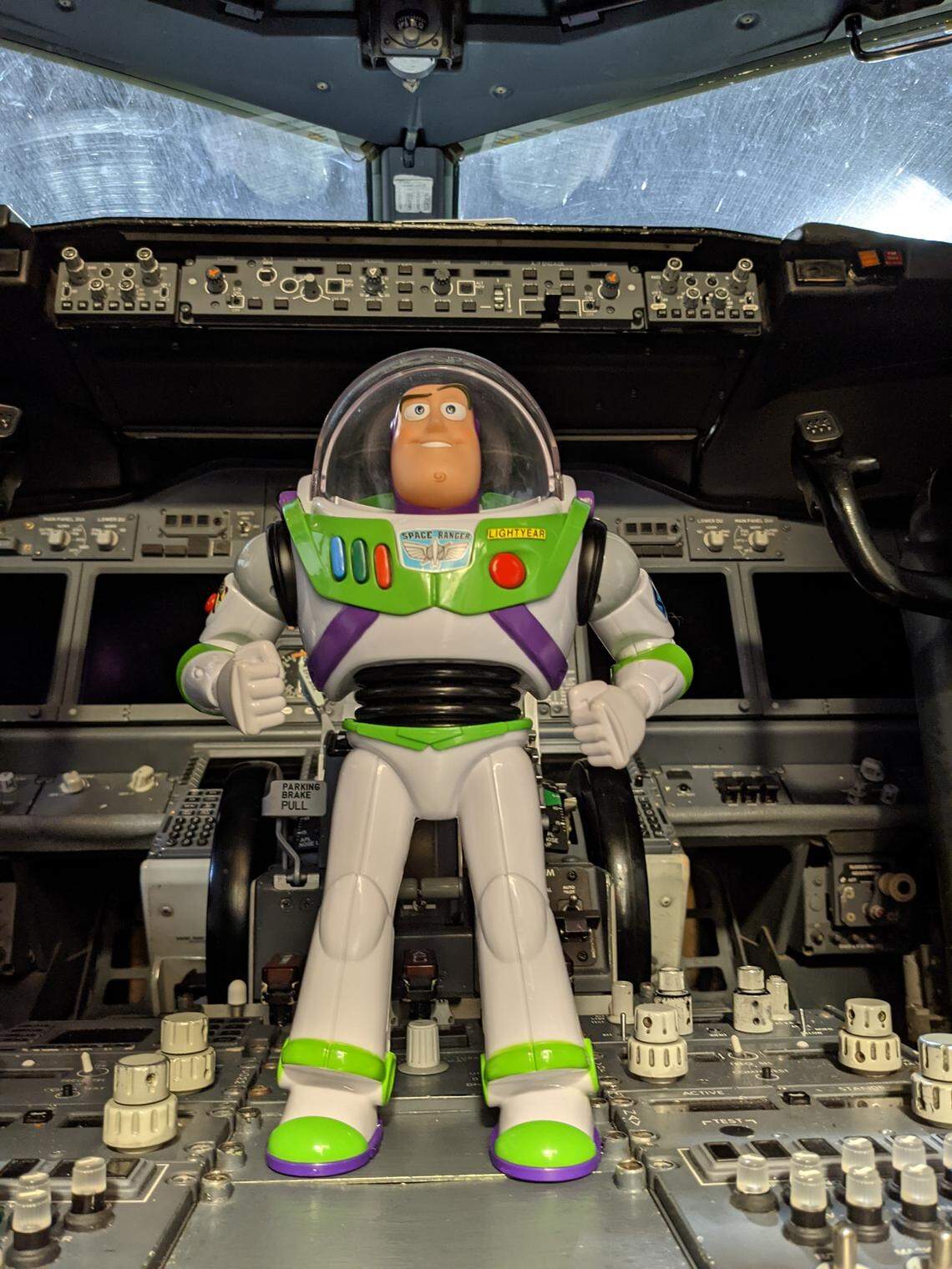 The Buzz Lightyear toy traveled into the cockpit of the Southwest Airlines plane.