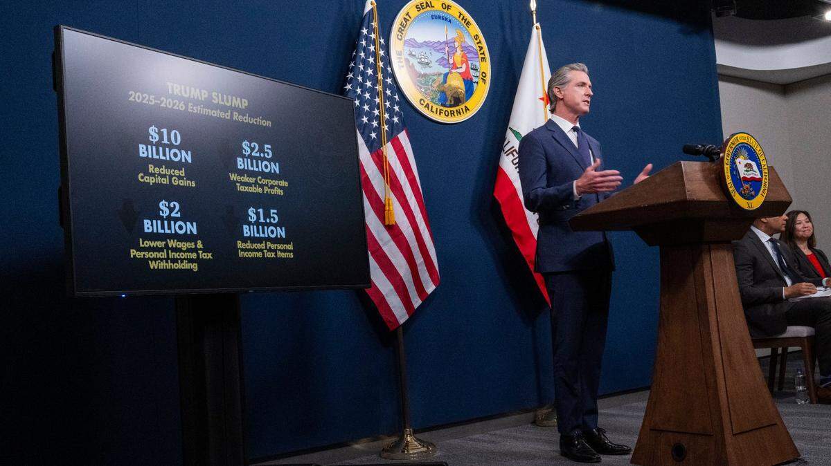 Gov. Gavin Newsom presents his May revise to the state budget on Wednesday, May 14, 2025 in the Capitol Swing Space.