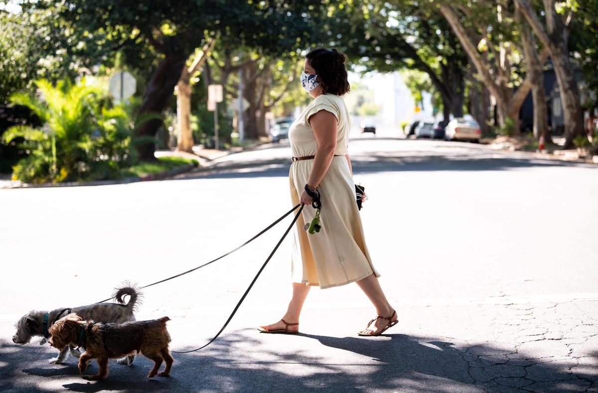 District 4 Sacramento City Councilmember-Elect Katie Valenzuela takes her dogs on one of their routine neighborhood walks to Ulysses S. Grant Park on Friday, July 31, 2020, in Sacramento.