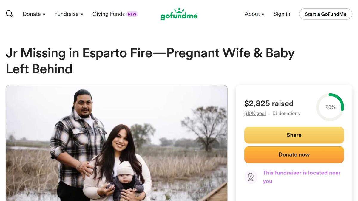 A screenshot of the GoFundMe campaign for the family of Joel “Junior” Melendez, one of seven people “unaccounted for” following a massive inferno at a fireworks warehouse near Esparto on Tuesday, July 1, 2025.