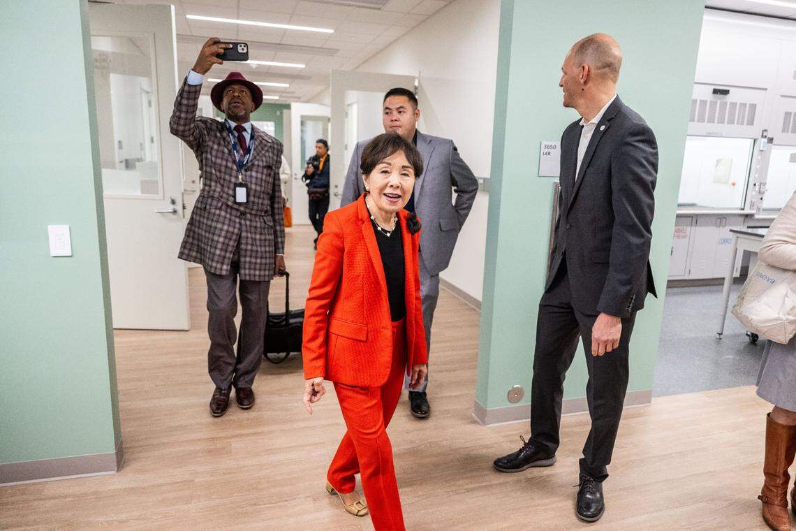 U.S. Rep. Doris Matsui walks into one of the new laboratories at Aggie Square during a tour on Thursday with Sacramento Mayor Kevin McCarty.
