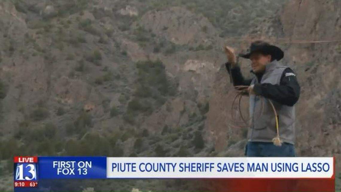 Sheriff Marty Gleave of Piute County, Utah, pulled a man from his car in a river with a lasso. The driver had swerved to avoid an elk and crashed into the Sevier River, where he spent the night on his car roof.