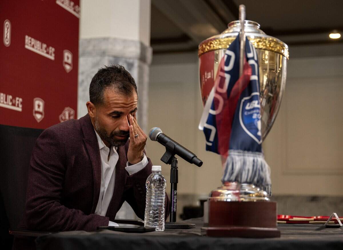 Rodrigo “RoRo” Lopez, captain of the Republic FC, wipes away tears during his retirement press conference on Oct. 23. He will embark on his final postseason on Sunday.