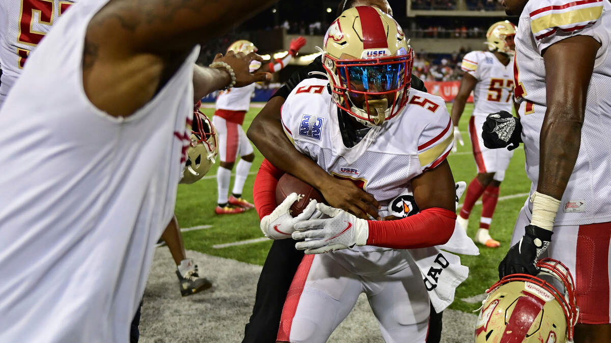 Birmingham Stallions safety Christian McFarland celebrates on the sideline after an interception during the leap championship game on July 3 in Canton, Ohio. The Stallions won 33-30.