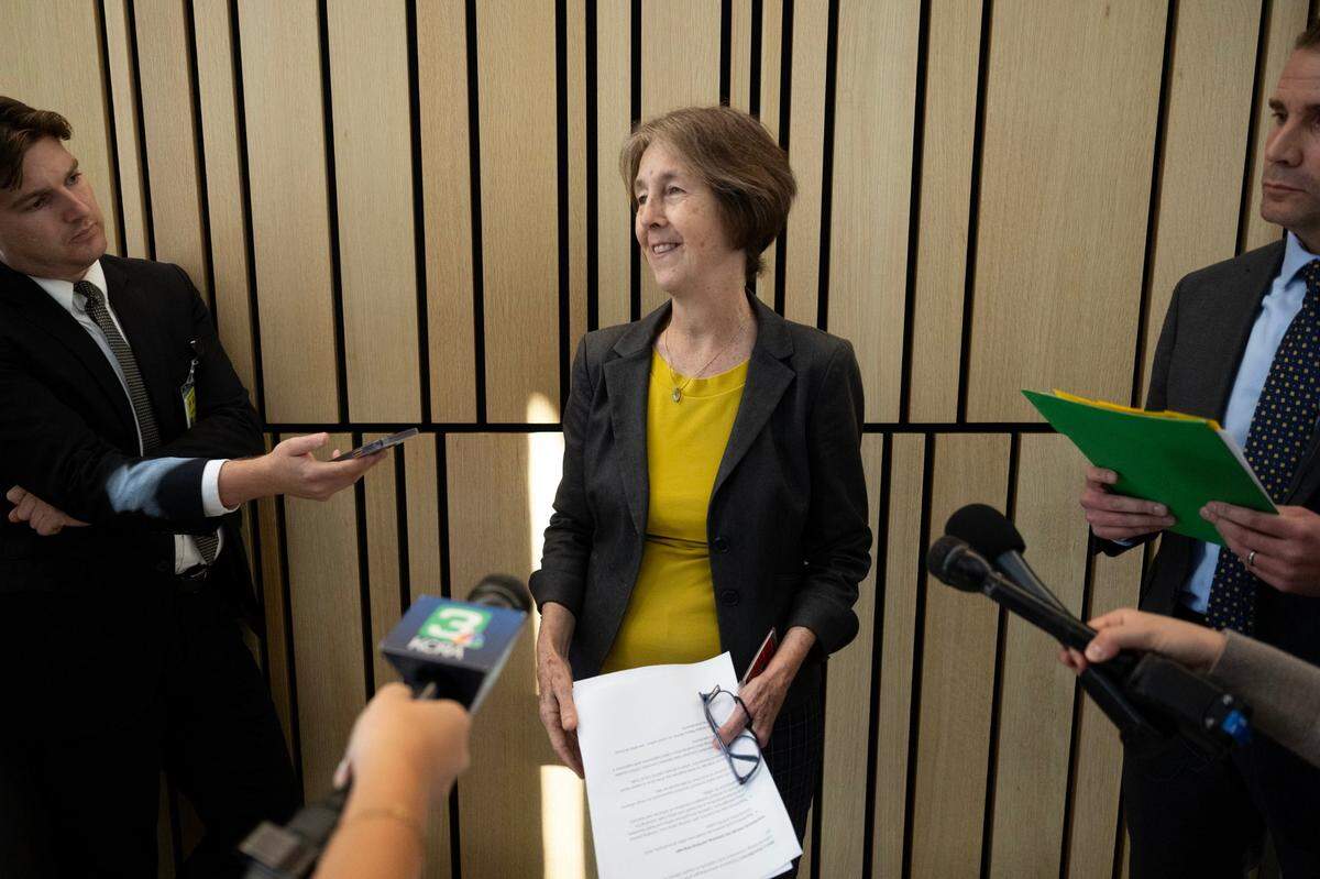 State Sen. Nancy Skinner, D-Berkeley, and Senate Pro Tem Mike McGuire, D-Healdsburg, right, talk to the media after the Senate passed a bill related to gas prices on Friday.