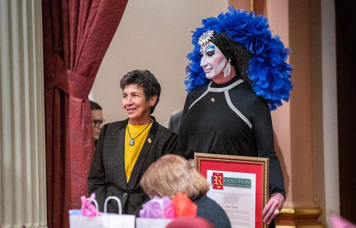 State Sen. Susan Talamantes Eggman, D-Stockton, stands on Monday, June 5, 2023, with Sister Roma of the Sisters of Perpetual Indulgence as she is recognized for Pride Month with other members of the LGBTQ community on the Senate floor at the state Capitol.