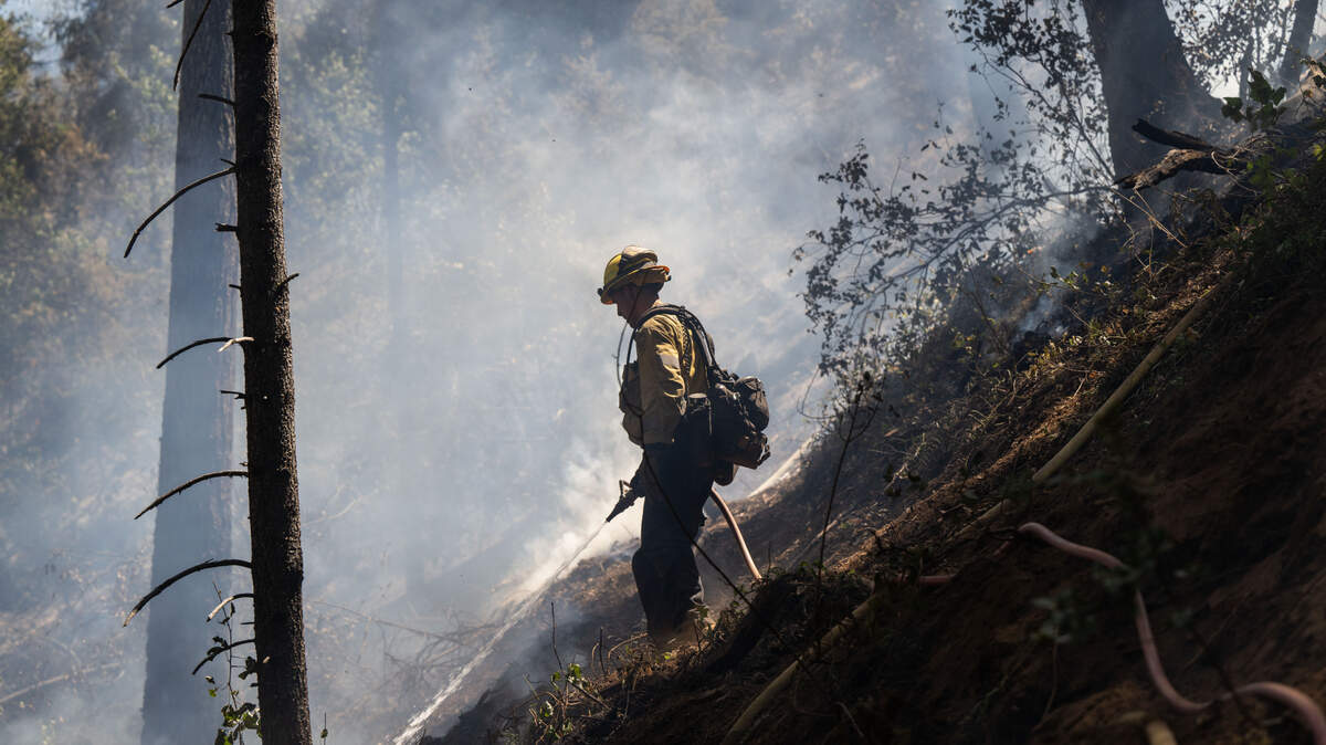 Cal Fire firefighter Eric Schnetz of Georgetown works to extinguish the Crozier Fire in El Dorado County on Wednesday, Aug. 7, 2024.