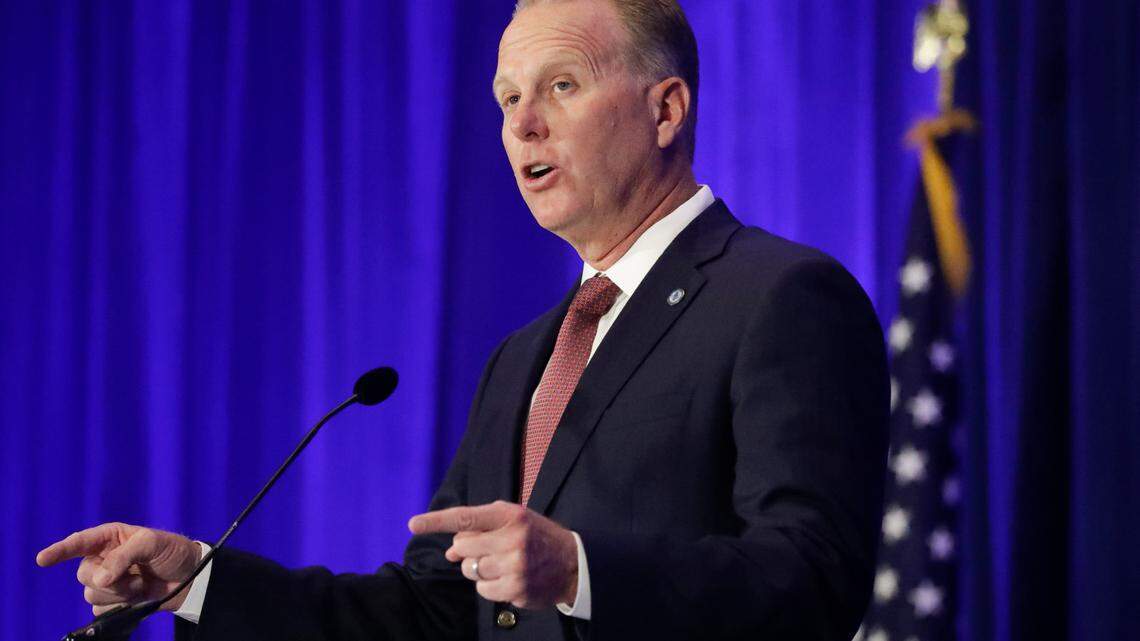 FILE - In this Sept. 7, 2019, file photo, San Diego Mayor Kevin Faulconer speaks during the California GOP fall convention in Indian Wells, Calif. Faulconer is forming a committee to begin raising money for a potential run for governor. The Republican’s announcement on Twitter comes as supporters of a possible recall election aimed at Democratic Gov. Gavin Newsom continue gathering petition signatures needed to qualify for the ballot. (AP Photo/Chris Carlson, File)