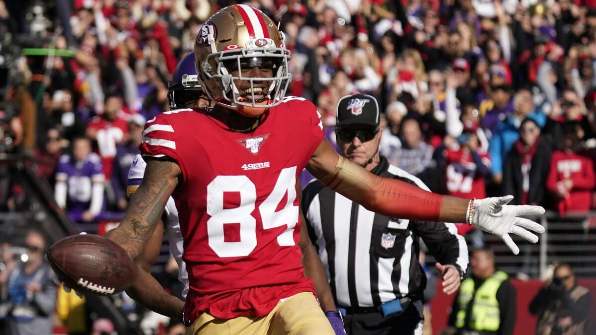 San Francisco 49ers receiver Kendrick Bourne celebrates after he scored a touchdown against the Minnesota Vikings in the first quarter of Saturday’s playoff game.