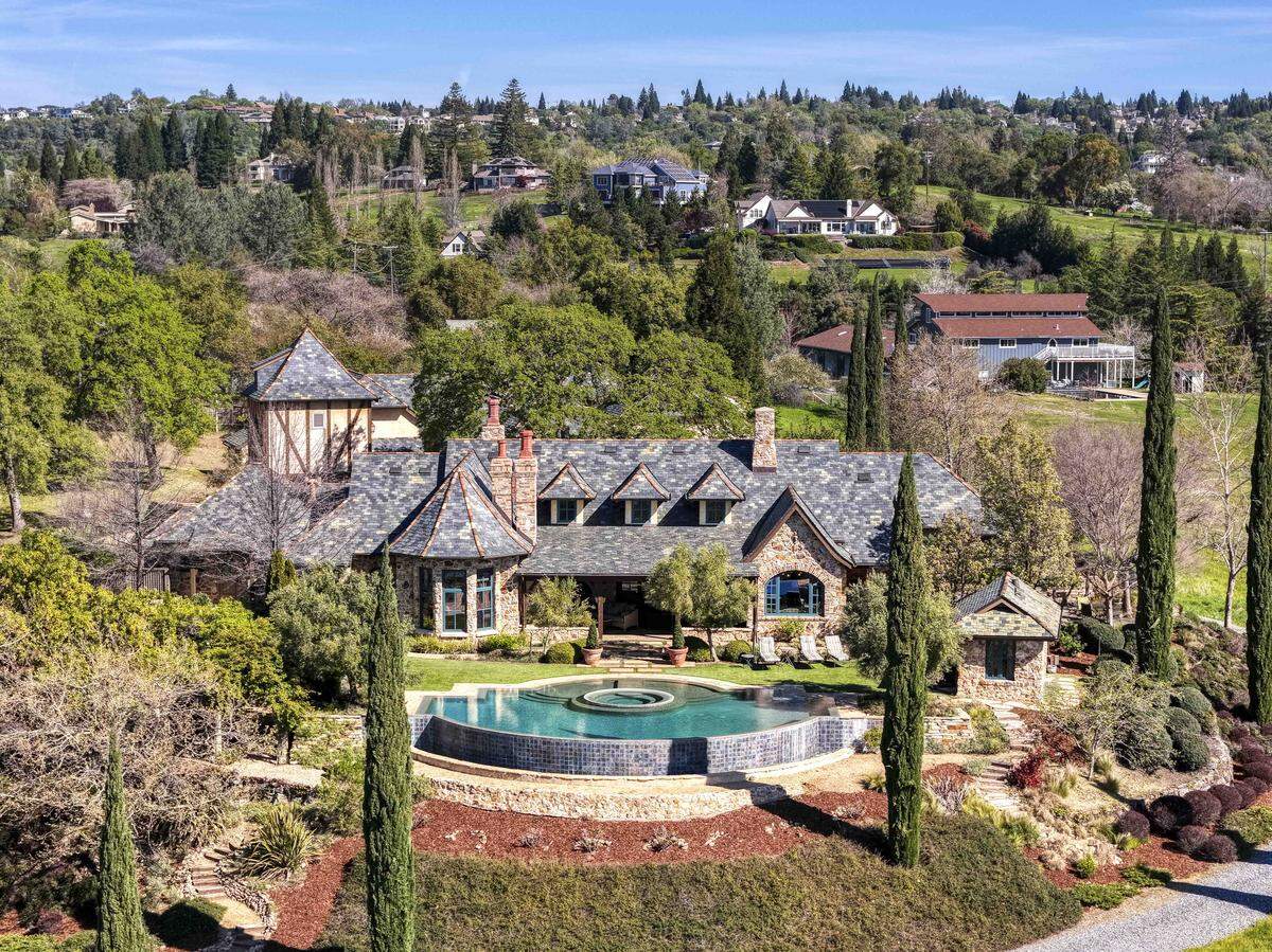 The 4,494-square-foot, single-story manor in Auburn, California, sits on 10.8 acres is listed for $4.45 million. It has three bedrooms, five bathrooms and a guest house.