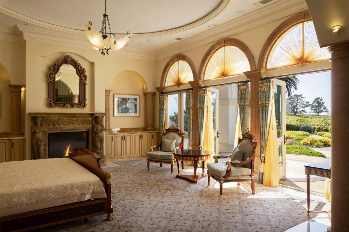 One of 12 bedrooms in the main house of the record-setting Cambria property.