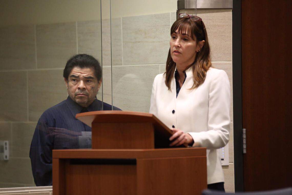 Paul Allen Perez, left, of Delano, appears at Yolo Superior Court in Woodland on Tuesday, Jan. 28, 2020, for his arraignment on five counts of murder of his newborn children. Yolo County Public Defender Tracie Olson stands at right.