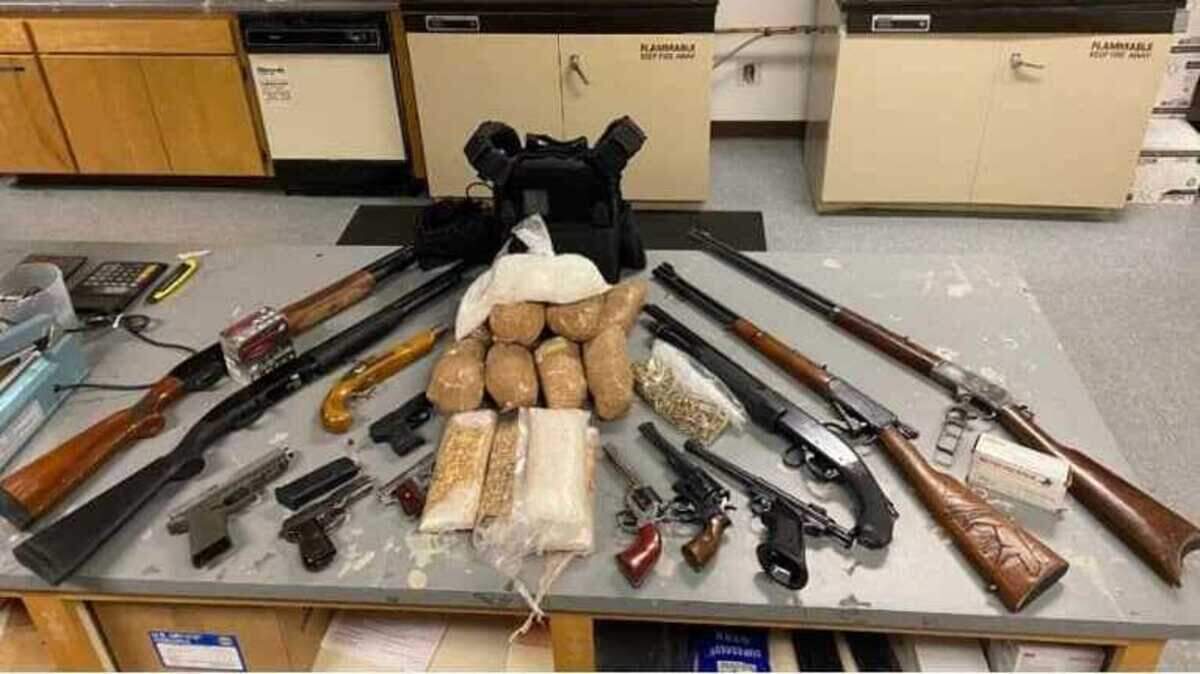 Gun and drugs seized by police in Sacramento County storage unit on June 30, 2022. The seizure included around 18 pounds of methamphetamine, around three ounces of fentanyl and 13 firearms.
