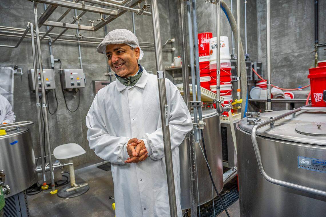Abhinav Anand, founder of Just Creamery, shows an area where milk is pasteurized in vats inside his production facility on Wednesday, Feb. 18, 2026, in Wilton. Just Creamery is a finalist for the Good Food Awards. Originally from India, he said he wanted the cheeses he craved from home, which is why he founded the company.