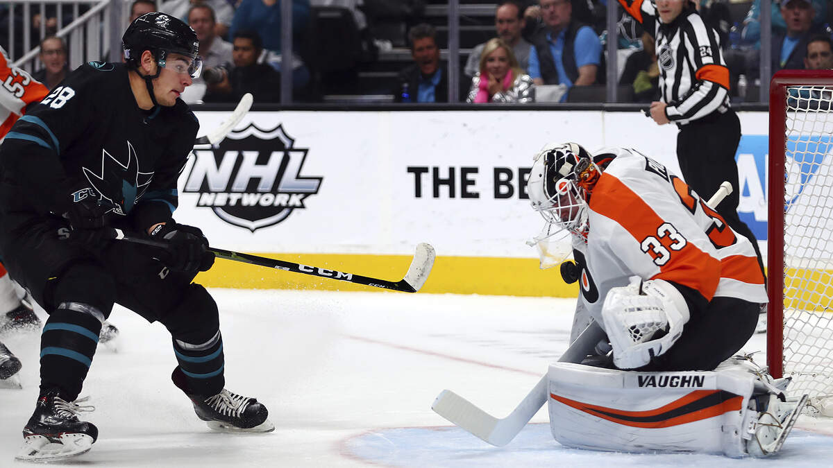 The San Jose Sharks’ Timo Meier, left, takes a shot against Philadelphia Flyers goalie Calvin Pickard on Saturday in San Jose. Meier scored twice in the Sharks’ 4-3 overtime victory.