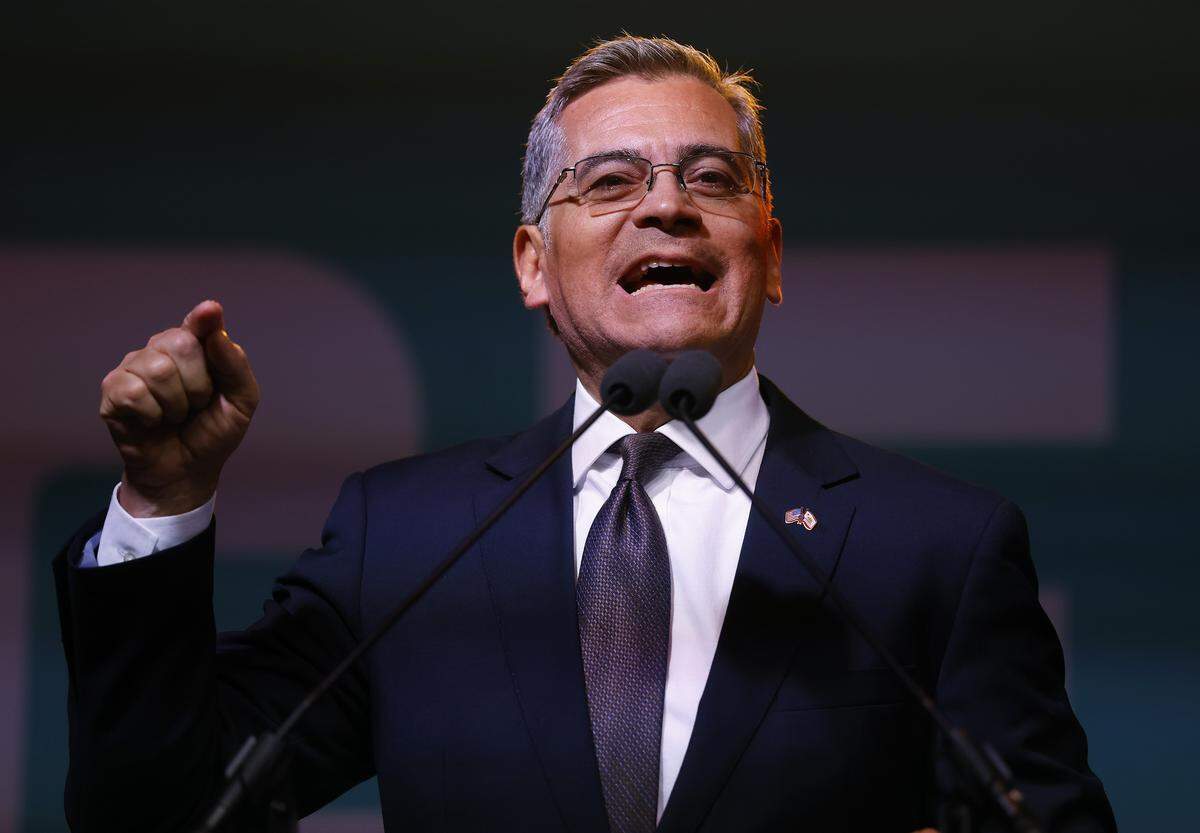 LOS ANGELES, CALIFORNIA - JUNE 02: Democratic Gubernatorial candidate Xavier Becerra speaks to supporters during his election night gathering at La Plaza de Cultura y Artes on June 02, 2026 in Los Angeles, California. Democratic Gubernatorial candidate Xavier Becerra will face Republican challenger Steve Hilton in the general election. (Photo by Justin Sullivan/Getty Images)