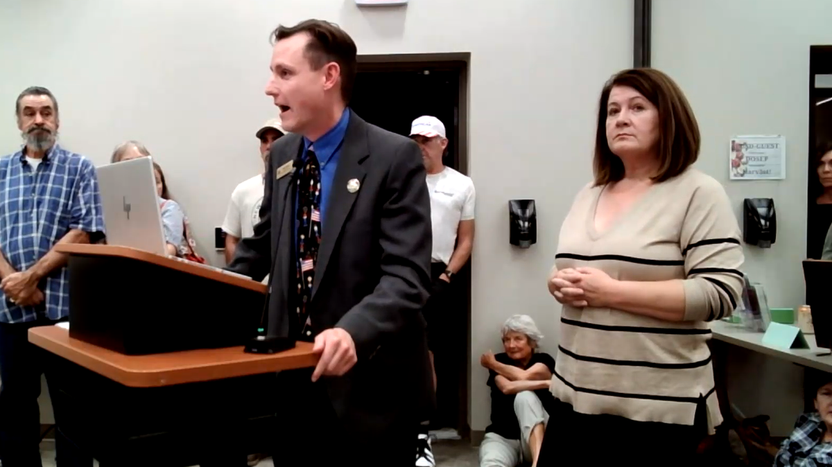 El Dorado County Republican Party members Todd White and Kelley Nalewaja speak about parental notification policies at a Buckeye Union School District meeting on Sept. 6 in an image from video. The county GOP is encouraging schools to adopt a parental notification policy that would require school staff to report to parents if a student transitions or experiments with their gender identity.