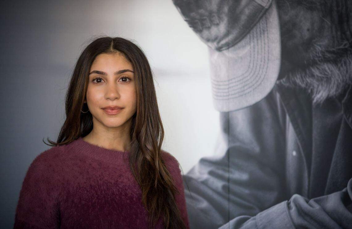 Isabella Ferreira, who portrays Lauren in the movie “No Address” based in Sacramento, in the film’s offices on Del Paso Boulevard in 2023.