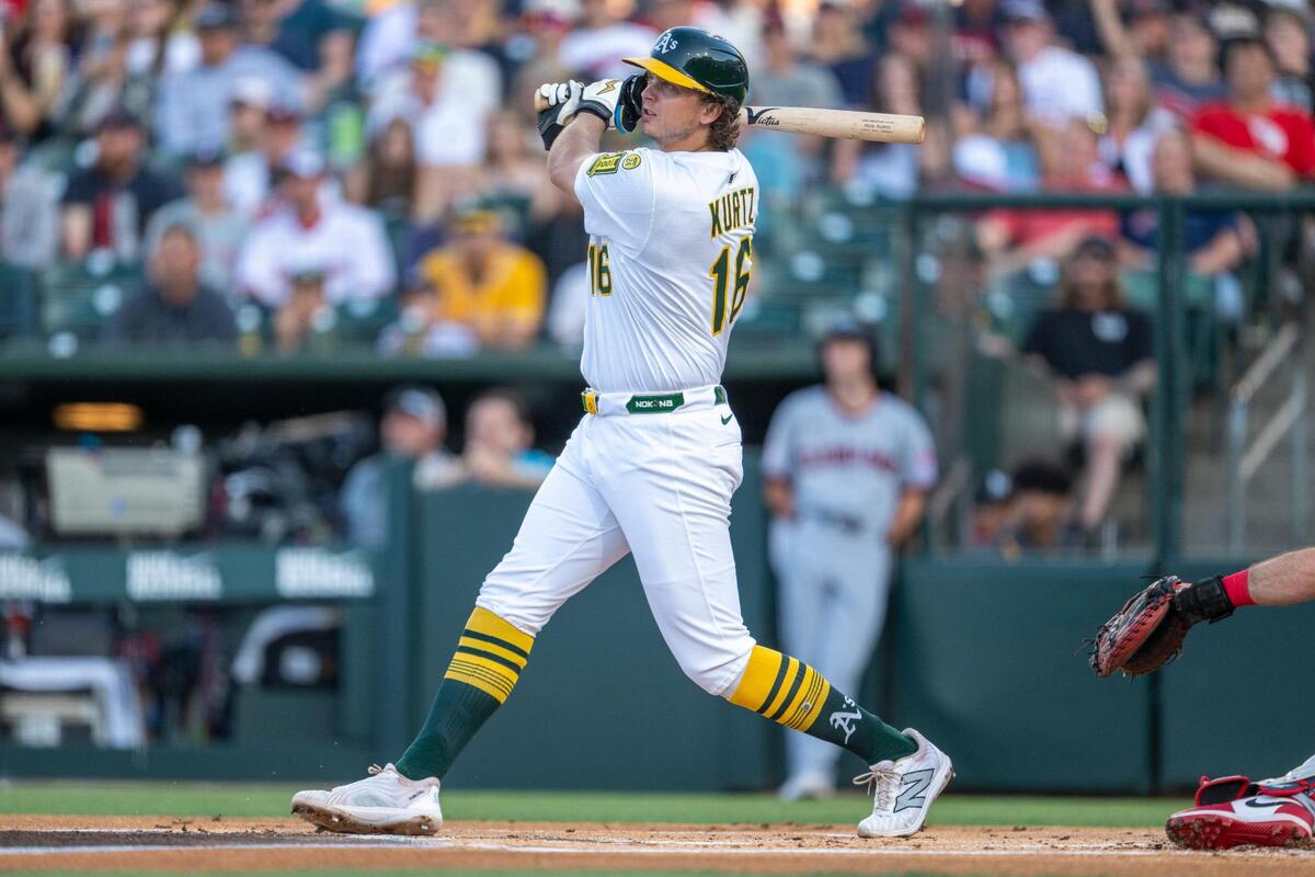 Athletics first base Nick Kurtz (16) watches the ball after hitting a two-run home run during a baseball game against the Cleveland Guardians at Sutter Health Park on Friday, June 20 2025.