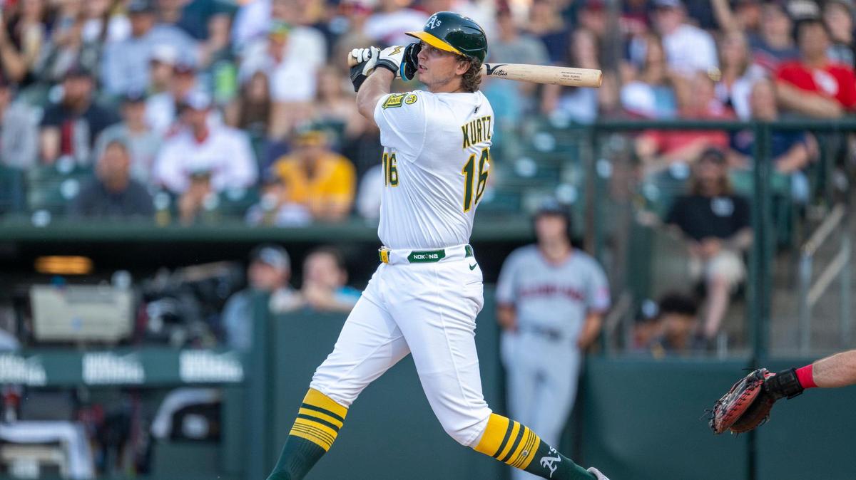 Athletics first base Nick Kurtz (16) watches the ball after hitting a two-run home run during a baseball game against the Cleveland Guardians at Sutter Health Park on Friday, June 20 2025.