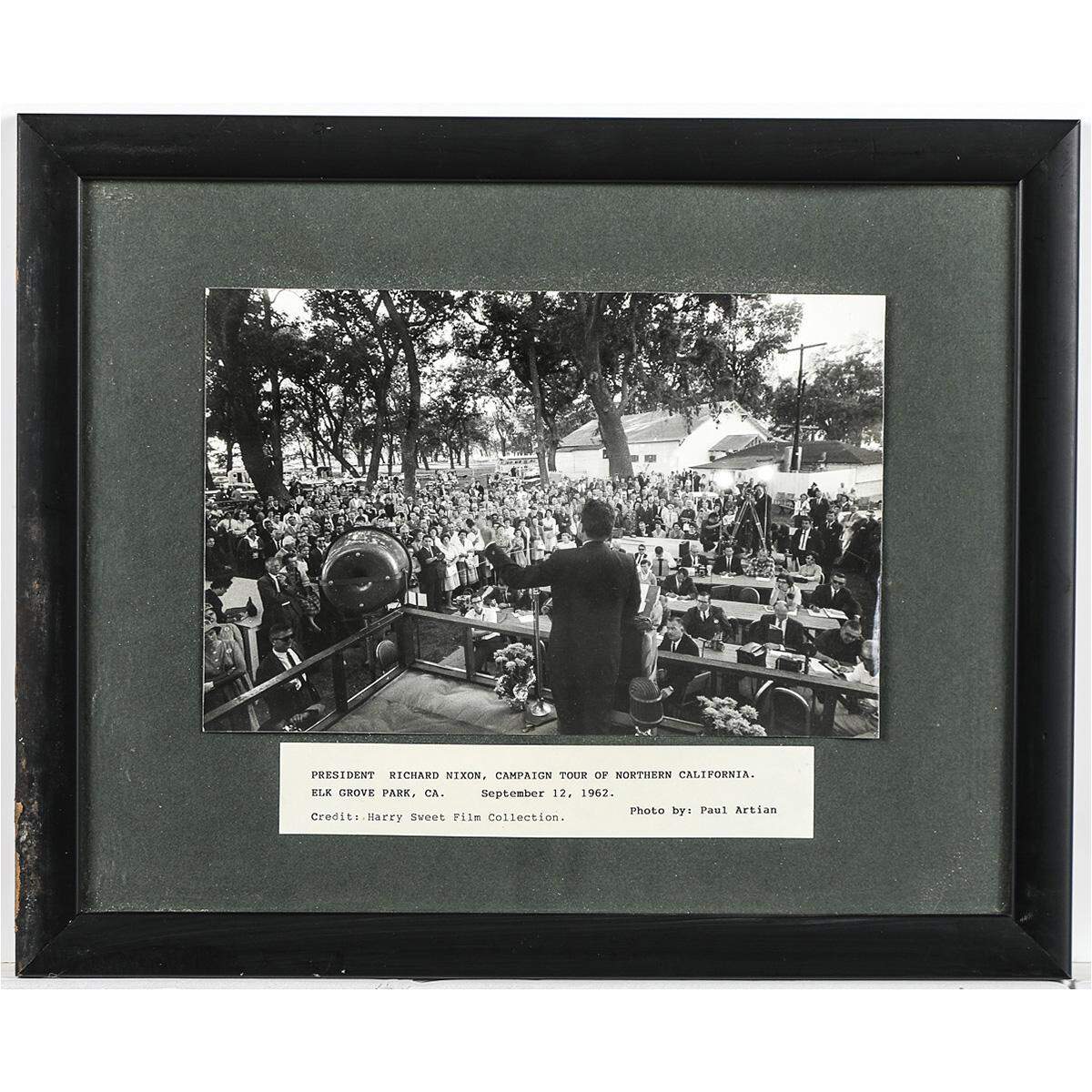 A framed 1962 black and white photograph of Richard Nixon in Elk Grove, CA, by photographer Paul Artian is lot number 41 in an auction of political memorabilia from the estate of Randy Paragary.