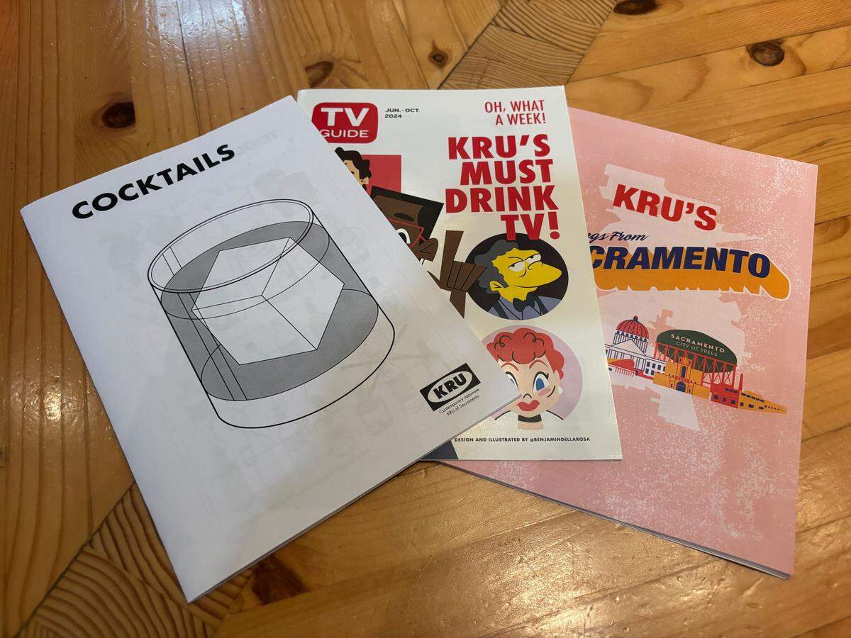 Kru beverage director Jose Carrasco has collaborated with area artist Ben Della Rosa on various themed cocktail menus for the Japanese eatery. Menus representing Sacramento historical spots, IKEA, TV Guide and other themes include highly decorative and instantly recognizable designs.