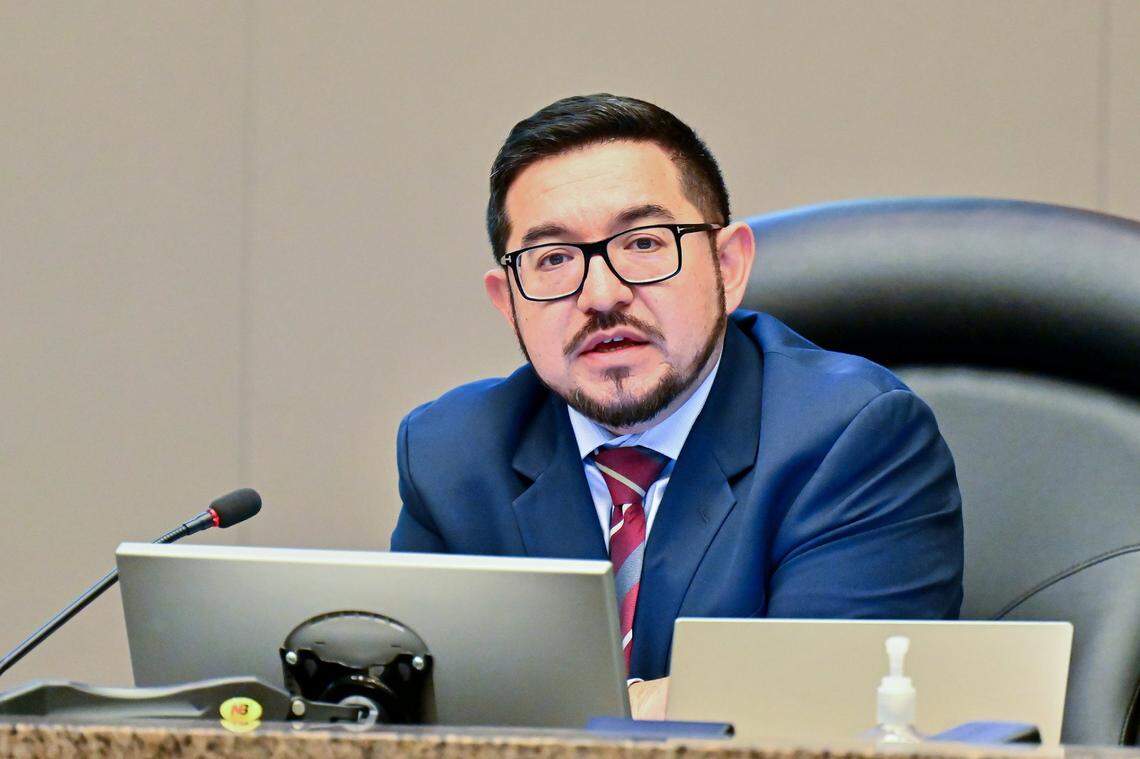 Councilmember Eric Guerra addresses those gathered during the City Council meeting in 2024.