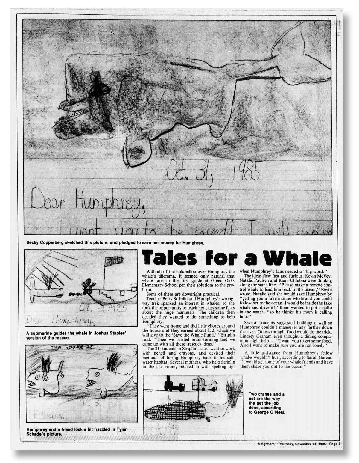 A page from The Sacramento Bee's community edition in 1985 shows drawings about Humphrey the Whale's journey from a first grade class at Green Oaks Elementary School in Orangevale. 