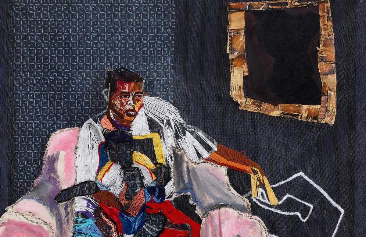 A detail of “A mother who had no mother,” acrylic on canvas and window screen with embroidery floss. The 57-inch by 44-inch piece by Chiffon Thomas is on display as part of the “Young, Gifted and Black” exhibition at the Jan Shrem and Maria Manetti Shrem Museum of Art. The exhibit closes its run at the UC Davis museum on Dec. 19, 2022.