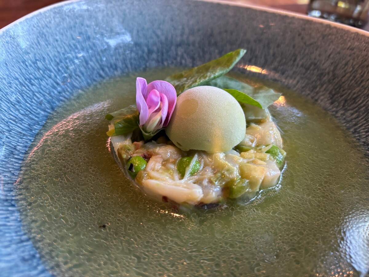 The “Snacks and Good Friends” ceviche at Localis includes rockfish, scallop and Dungeness crab with an aguachile of peas, green onions and jalapeño, finished in an avocado-pea salsa with a scoop of frosty avocado sorbet.