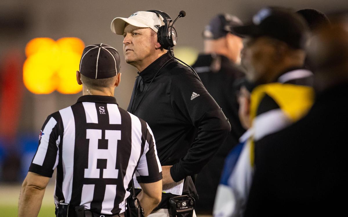 Sacramento State Hornets head coach Troy Taylor waits on the sideline for a review of a Hornets touchdown as they take on the Idaho Vandals on Oct. 29 Hornet Stadium in Sacramento. His team is undefeated this year.