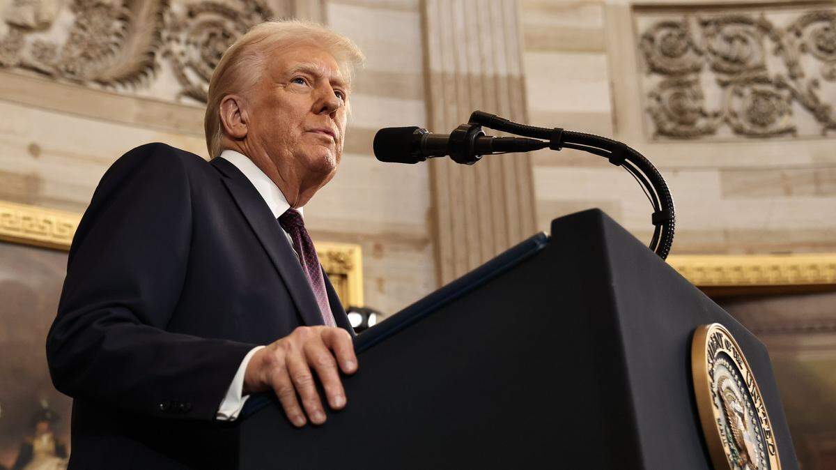 Jan 20, 2025; Washington, DC, USA; U.S. President Donald Trump speaks during inauguration ceremonies in the Rotunda of the U.S. Capitol on January 20, 2025 in Washington, DC. Donald Trump takes office for his second term as the 47th president of the United States. Mandatory Credit: Chip Somodevilla-Pool via Imagn Images