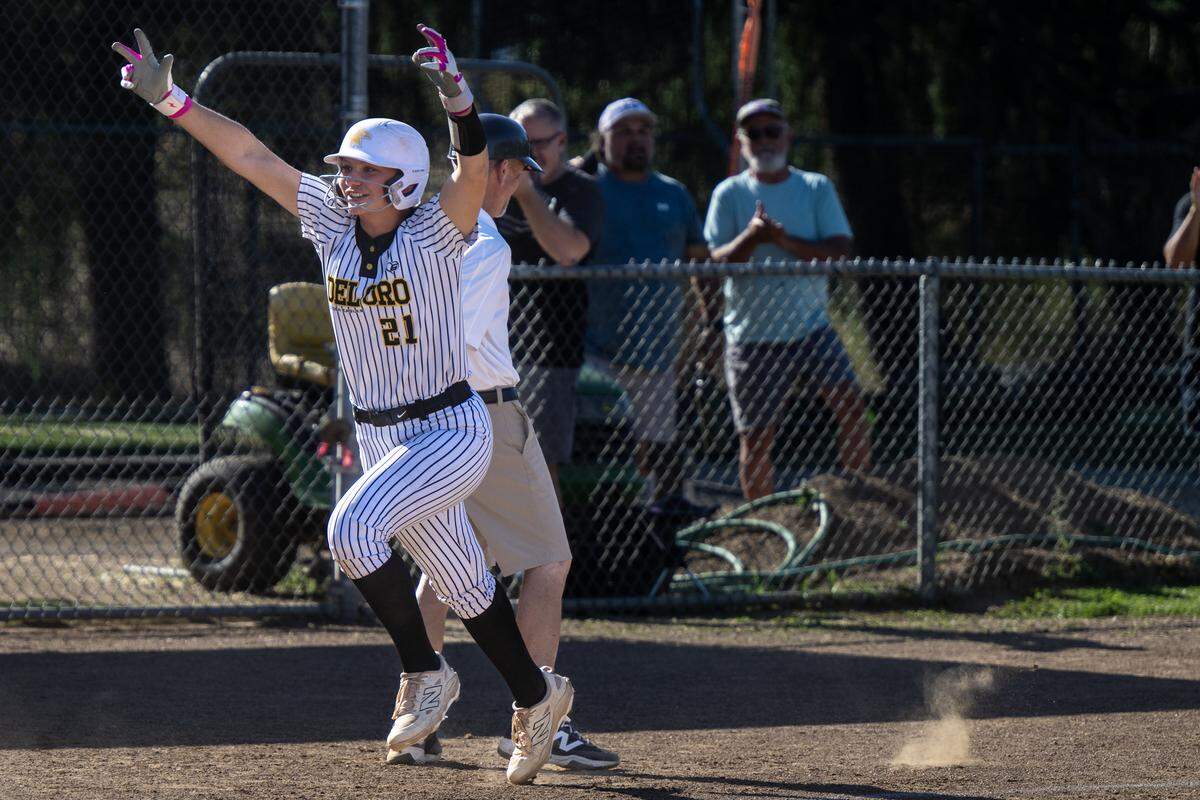 The Del Oro Golden Eagles' Emma Johnson celebrates as she rounds third base after hitting a two-run home run in the bottom of the fifth inning to even the score against the Rocklin Thunder on Tuesday in Loomis.