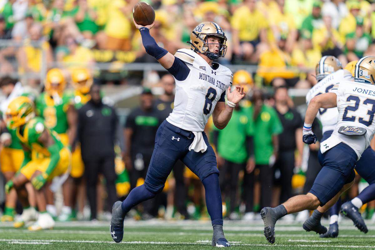 Quarterback Justin Lamson of the Montana State Bobcats throws a pass during the second half of the game against the Oregon Ducks at Autzen Stadium on Aug. 30 in Eugene, Oregon. Lamson on Saturday passed for 144 yards with a passing touchdown and two rushing touchdowns in Montana State’s home win over UC Davis.