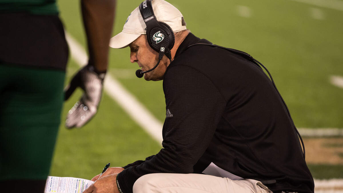 Sacramento State Hornets coach Troy Taylor strategizes during a timeout while playing South Dakota State in a second-round NCAA FCS college football playoff game in 2021 at Hornet Stadium.