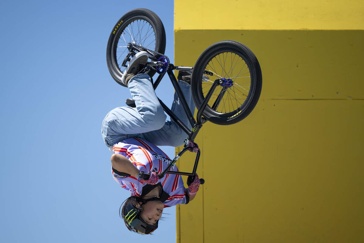 Miharu Ozawa, of Japan, does a backflip while competing in the Women’s BMX Park final as a part of X Games Sacramento at Cal Expo in Sacramento on Sunday, June 28, 2026.