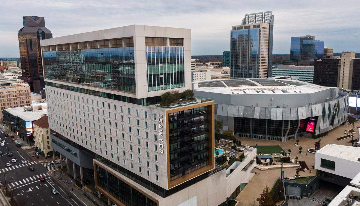 The Kimpton Sawyer Hotel stands next to Golden 1 Center, home of the Sacramento Kings, in downtown earlier this month. 