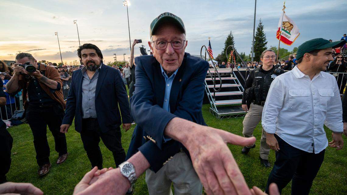 Sen. Bernie Sanders shakes hands with supporters after speaking at the Fighting Oligarchy rally at Folsom Lake College.