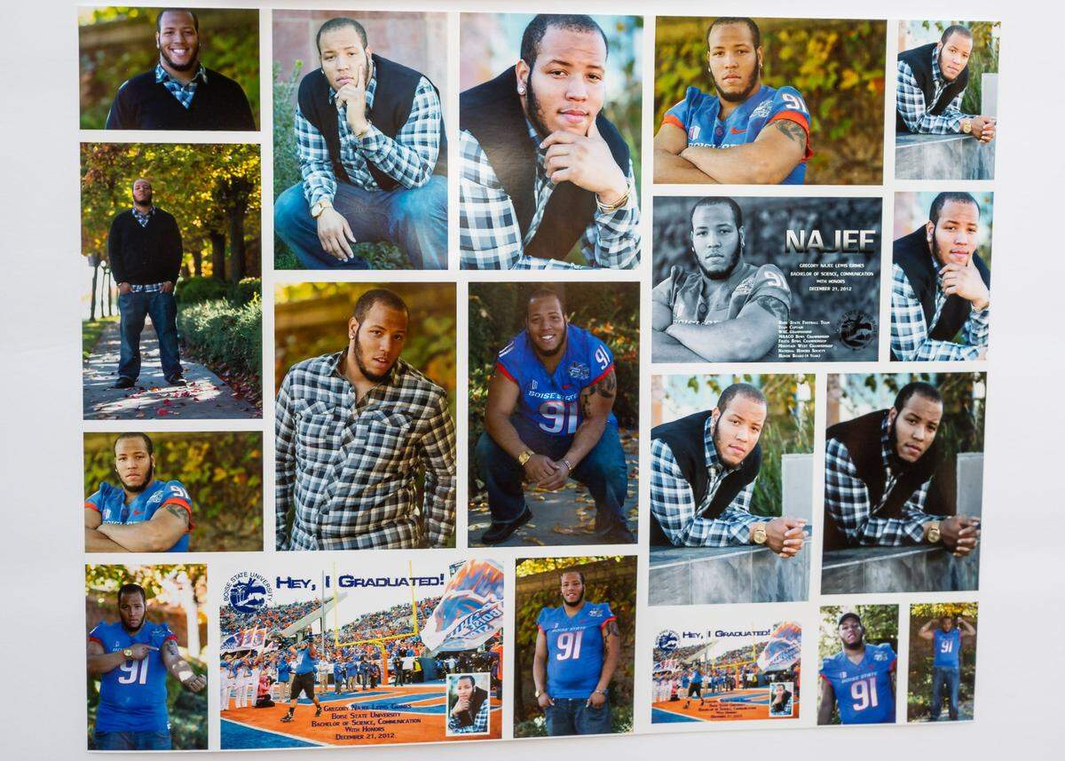 Photos of Greg Najee Grimes are seen on display at his vigil Tuesday, July 5, 2022, in Sacramento. The vigil was held at Inderkum High School, where Grimes played football before Boise State University and later returned to coach and work with children in special education. Grimes was killed during a shooting outside a downtown Sacramento nightclub at 16th and L streets just before 2 a.m. Monday.