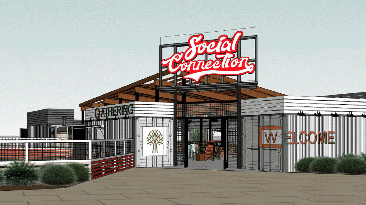 A rendering shows the planned Social Connection area of the new Roseville Junction development. Developers issued an open call for muralists to submit artwork that will surround the space.